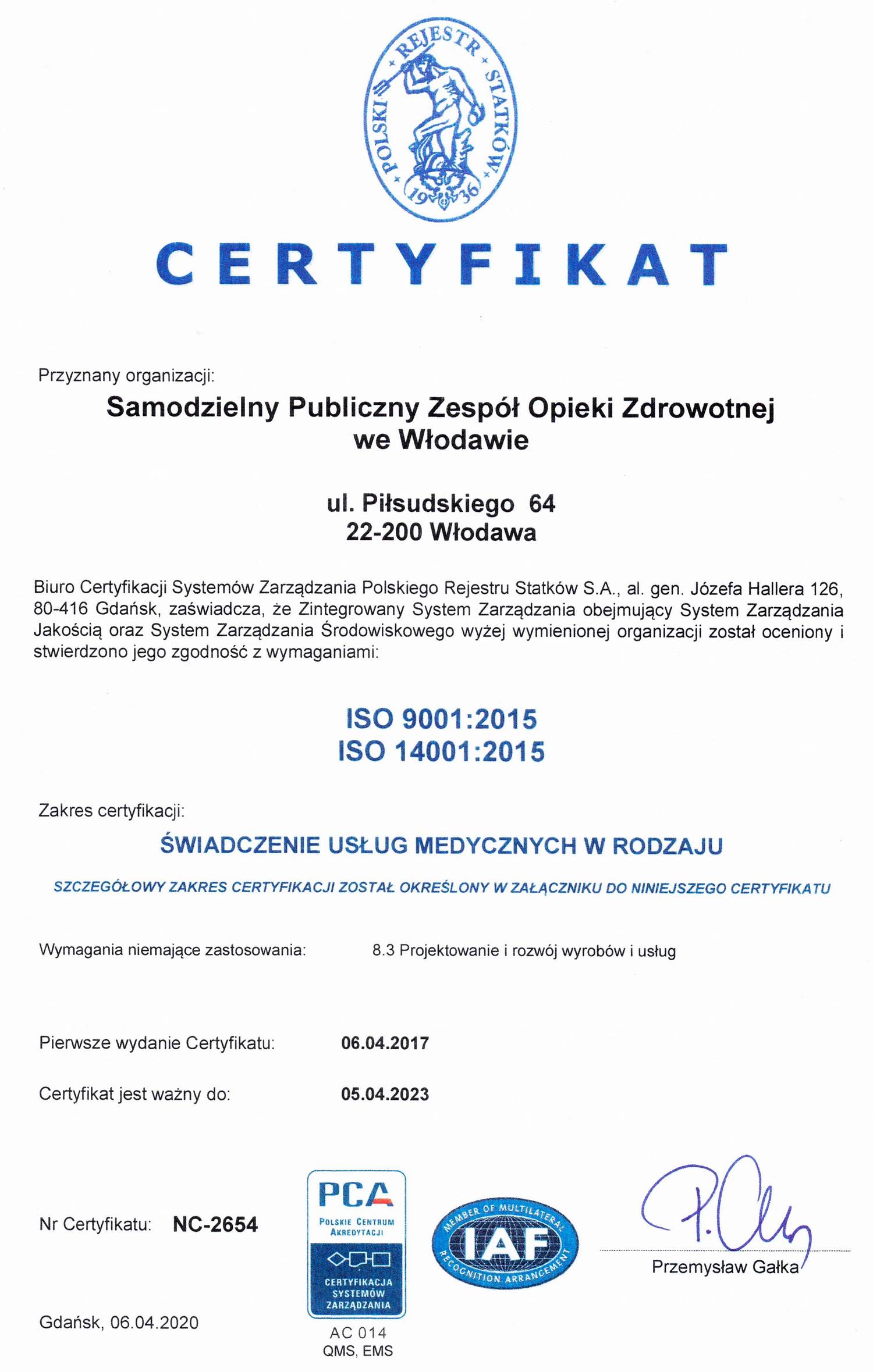Skan Certyfikatu ISO Szpitala we Włodawie
