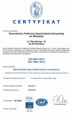 Skan Certyfikatu ISO Szpitala we Włodawie