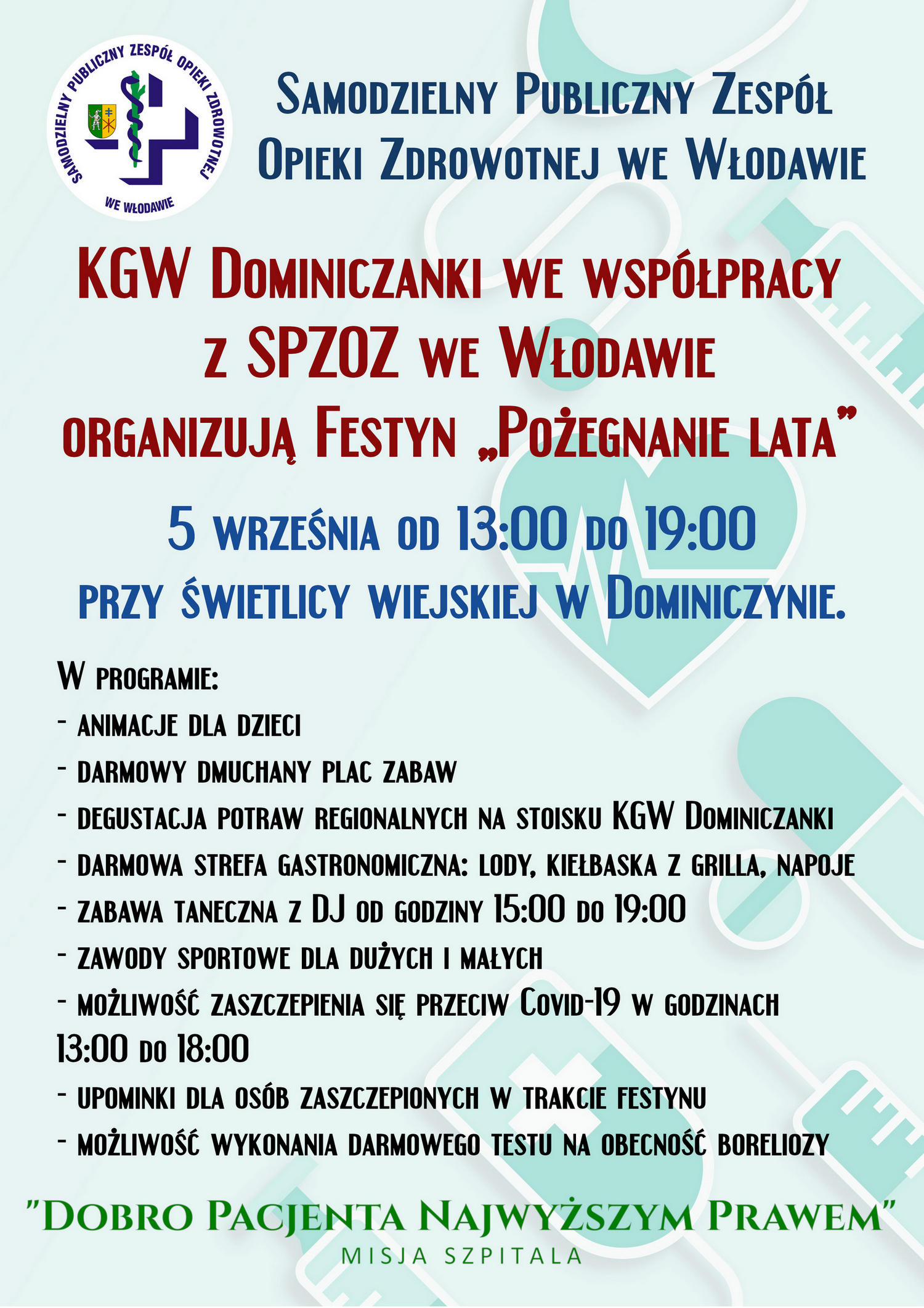 Zaproszenie na festyn organizowany przez KGW Dominiczanki we współpracy z SPZOZ we Włodawie.